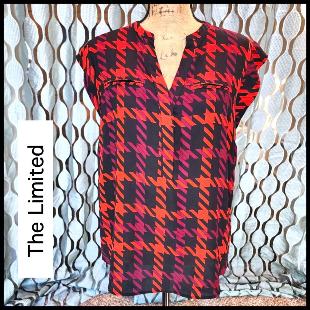 The Limited - Cap Sleeve Pattered Blouse in Red, Purple, Black - Size Large